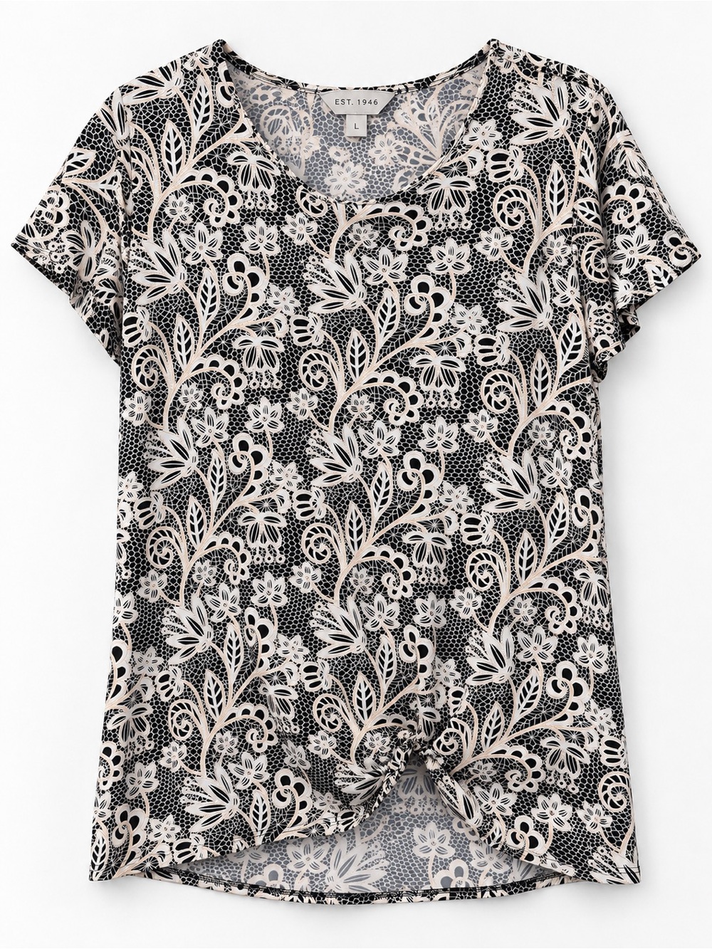 Est. 1946 Cato Floral Lace Print Twist Front Top Size Large Black White